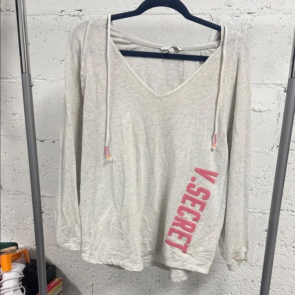 Victoria's Secret Light Gray Hoodie with Pink Logo Size XS Oversized Long Sleeve